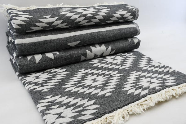 Black Aztec Turkish Towel – Lightweight Quick Dry Beach Towel, Boho Bathroom Decor, Turkish Cotton Bath Towel, Travel & Picnic Blanket