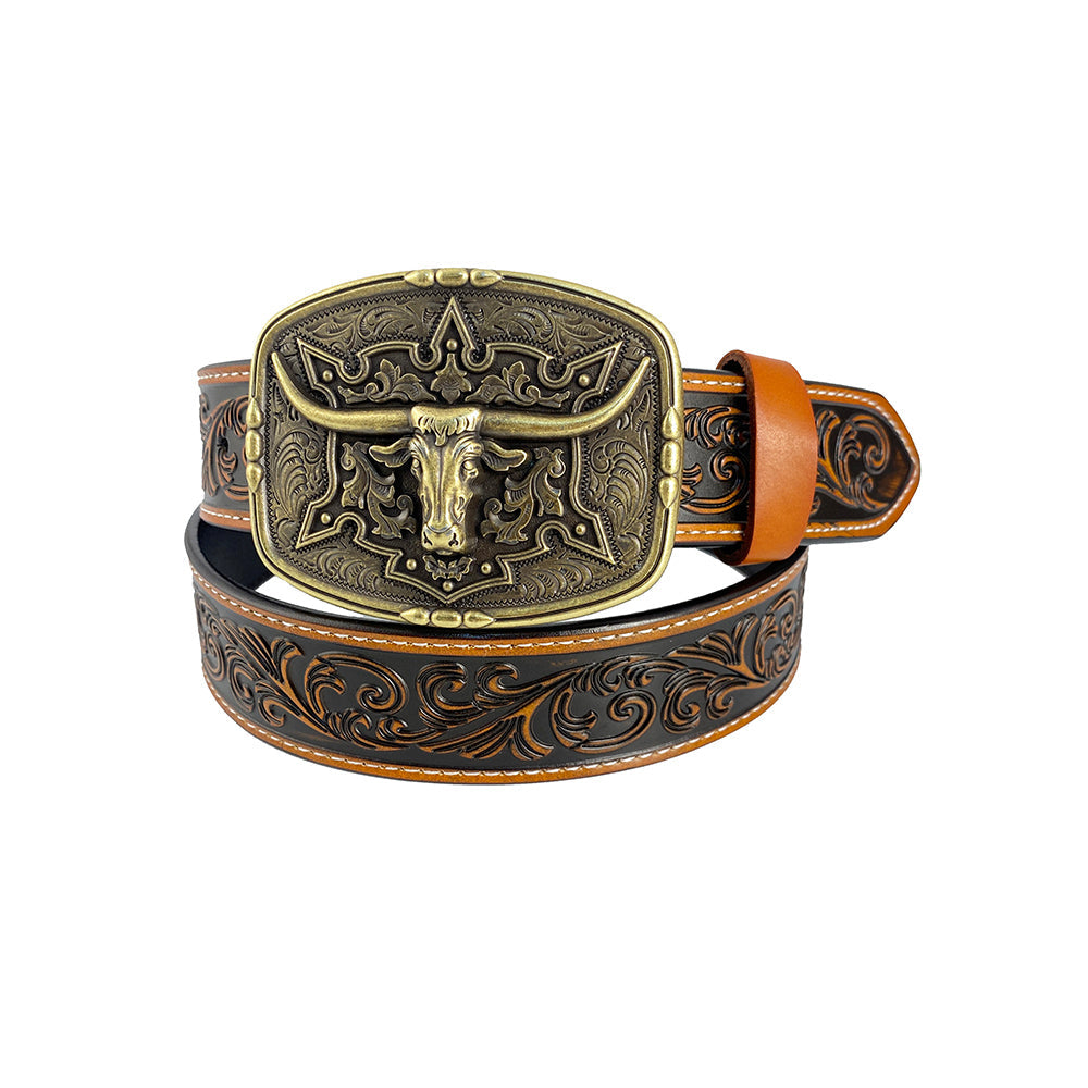 TOPACC Western Genuine Leather Pattern Tooled Belt-Pattern Longhorn Cow Belt Buckle Copper/Bronze