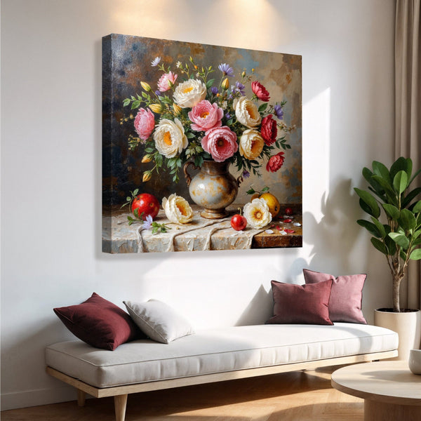 Floral painting on a wall above a sofa with decorative pillows