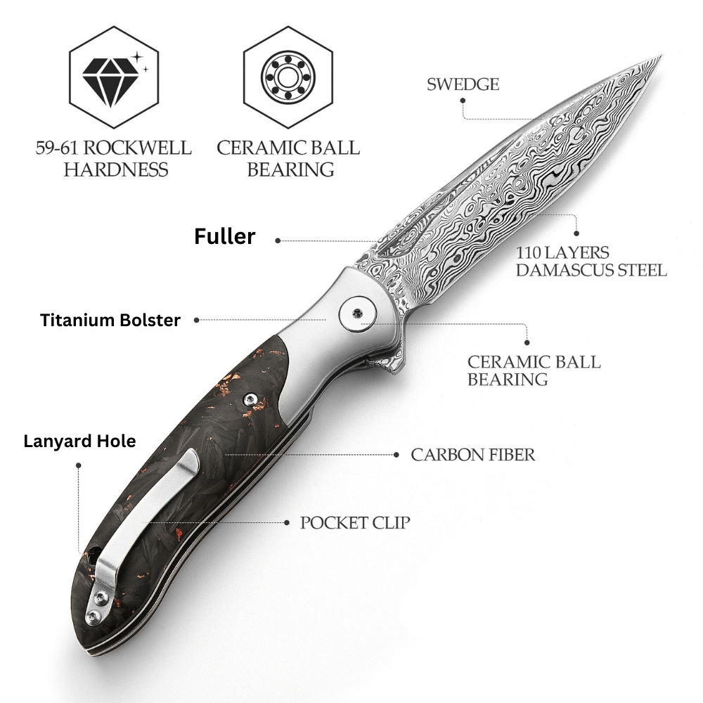 Requiem VG10 Ultralight Damascus Folding Pocket Knife with Titanium & Carbon Fiber Handle