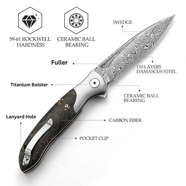 Requiem VG10 Ultralight Damascus Folding Pocket Knife with Titanium & Carbon Fiber Handle - Gifts for You 'n Me