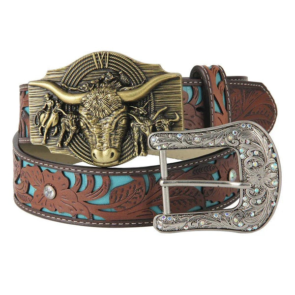 TOPACC Western Turquoise Belts - Longhorn Cow Belt Buckle Horseback Riding Copper/Bronze - Gifts for You 'n Me