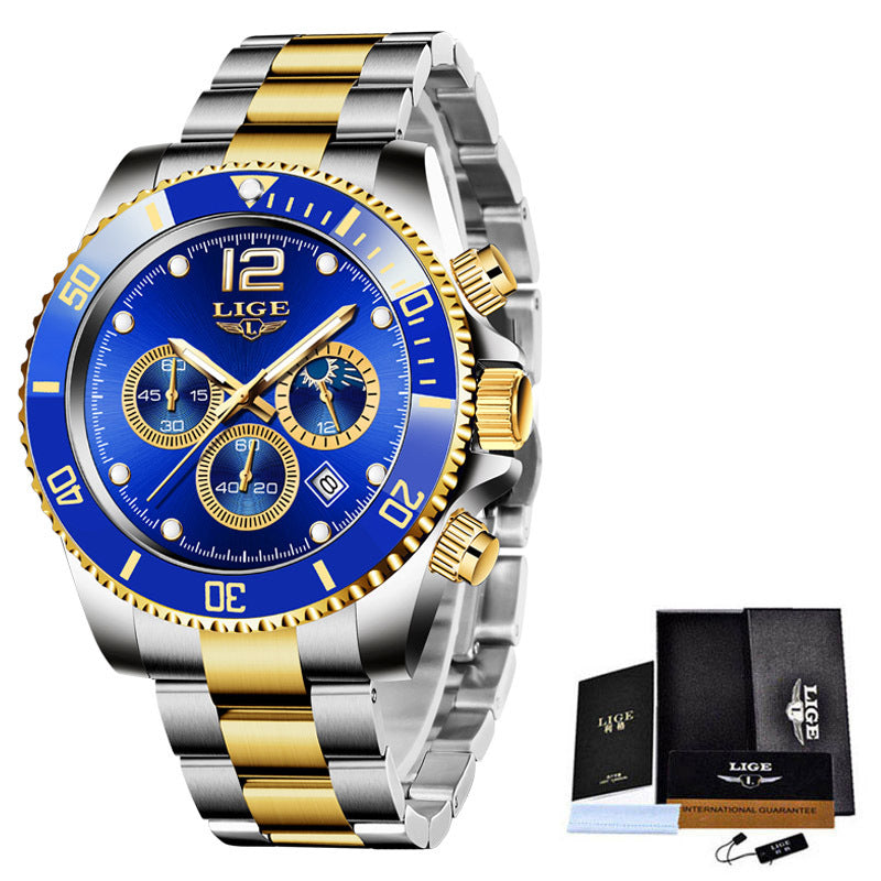 Multifunctional Mens Business Watch Luxury Military Quartz Stainless Steel Round Analog Wrist Watch For Men