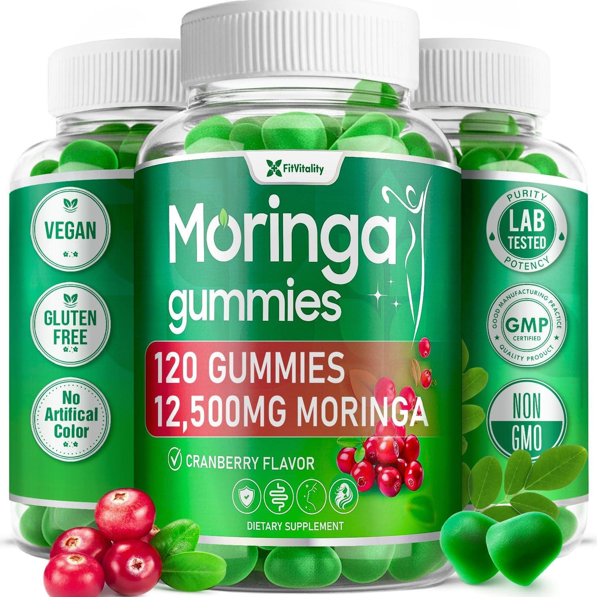 Moringa Gummies with Ginger, Turmeric & Probiotics | Vegan, Sugar-Free Chewables| Plant-Based Pectin Formula with Vitamin C