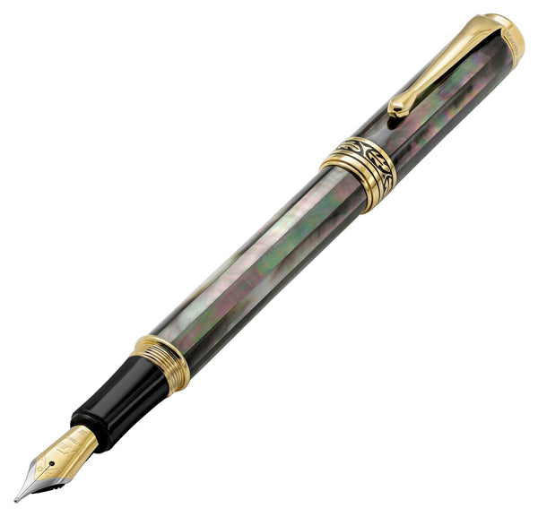Maestro® Oceanic White Mother of Pearl Fountain Pen (Medium Nib) and Tahitian Black Mother of Pearl Rollerball Pen Set - 18K Gold and Pure Platinum Plated