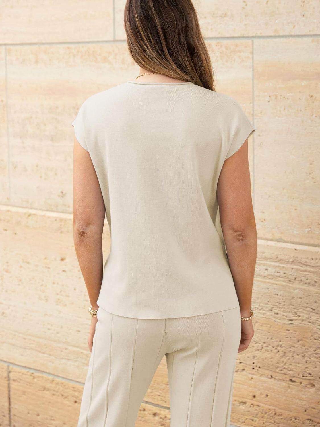 Round Neck Cap Sleeve Top and Pants Knit Set for Women