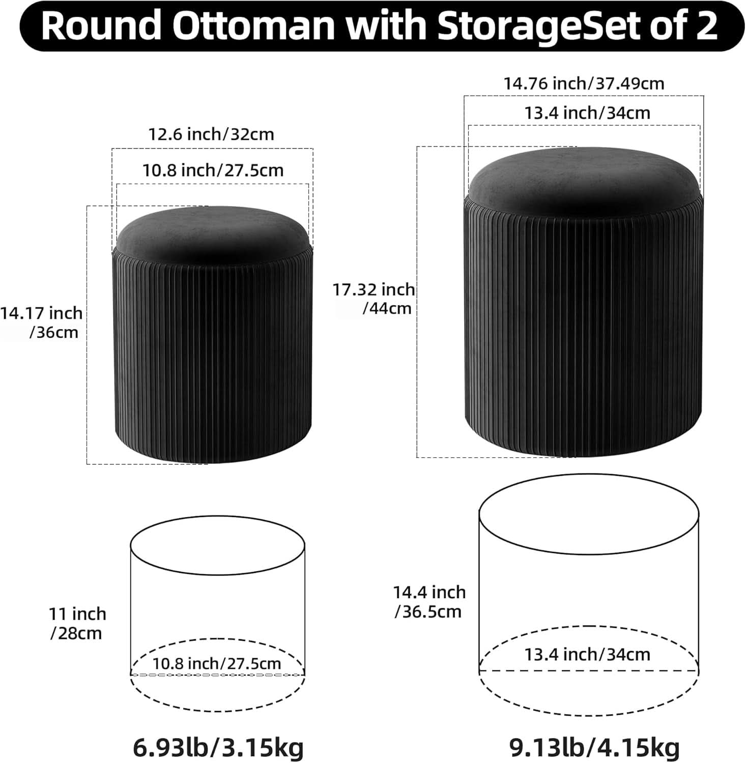 Round Velvet Storage Ottoman Black Lacquered Finish