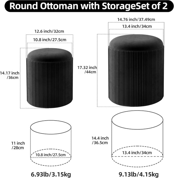 Round Velvet Storage Ottoman Black Lacquered Finish