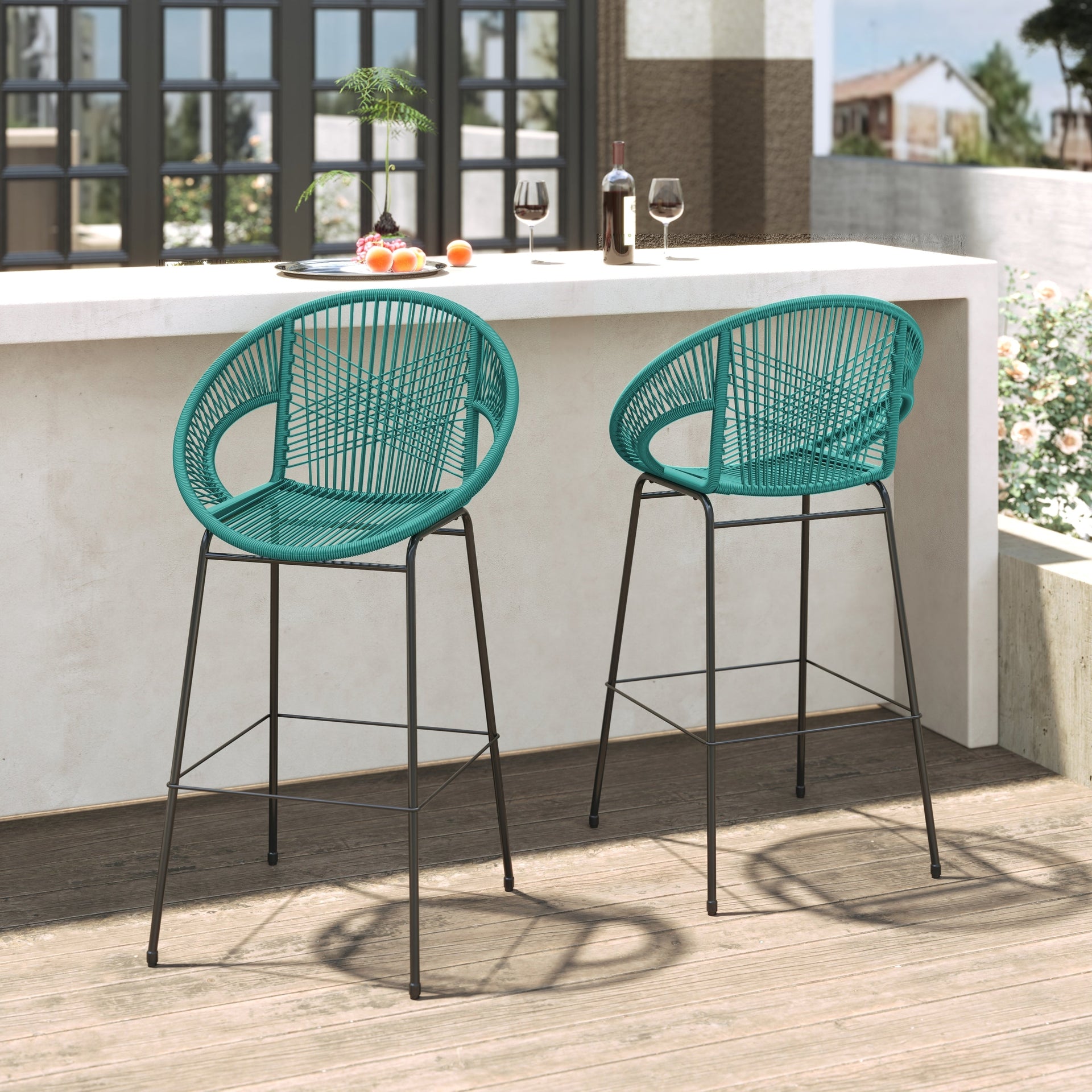 Ferrara Outdoor Patio Teal Faux Wicker Barstool Set, Durable PE Material, Ergonomic Design, Teal Wicker with Black Frame