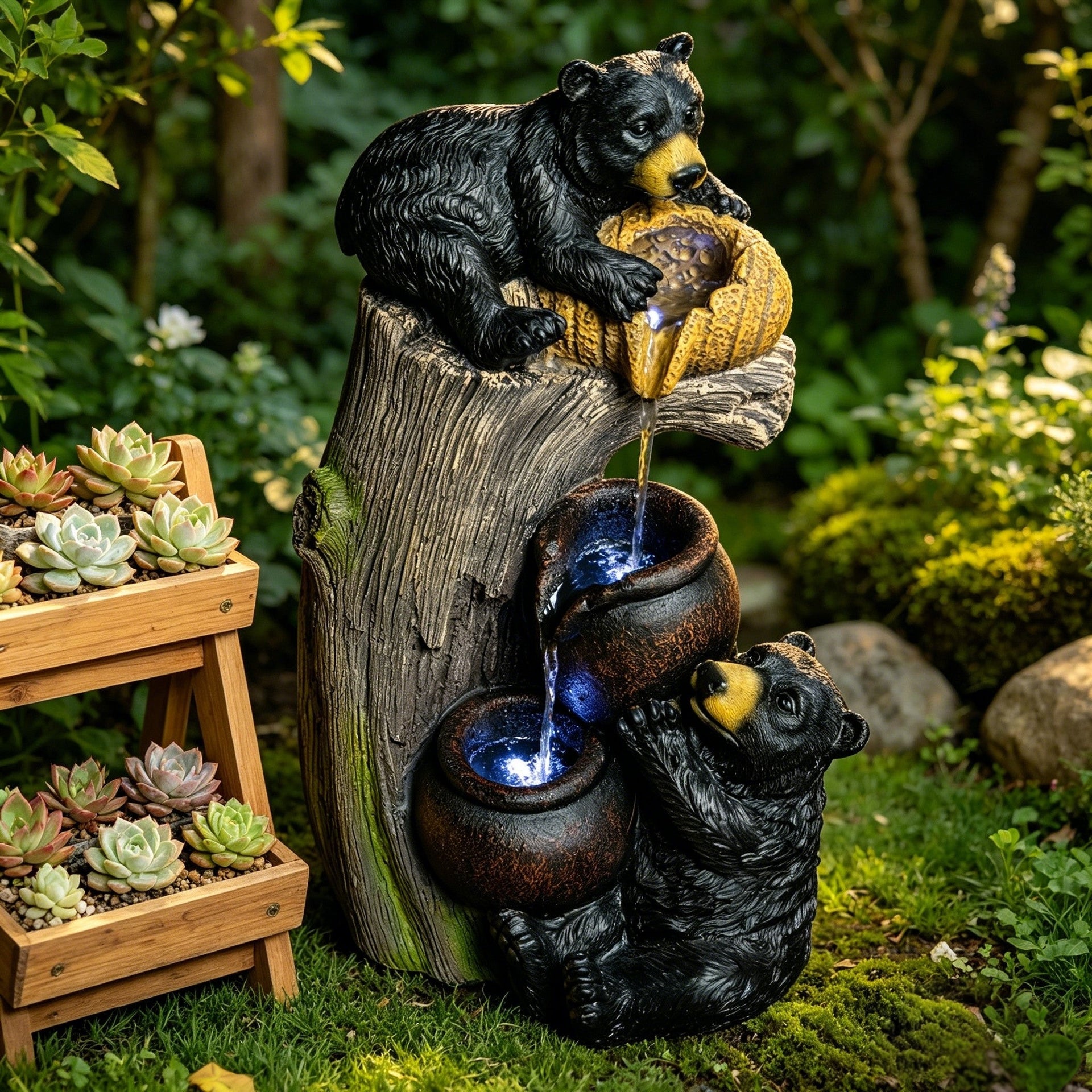 Resin Black Bear Outdoor Water Fountain with LED Lights