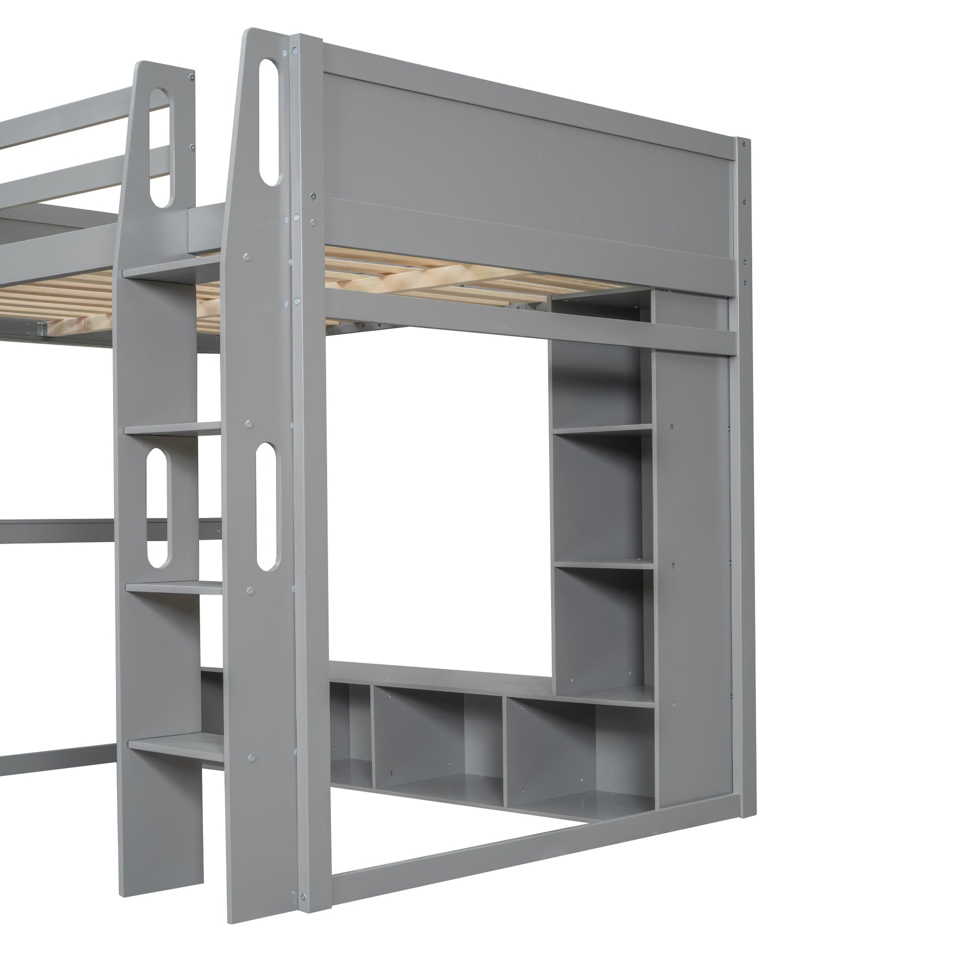 Wood Full Size Gaming Loft Bed with Desk and Multi-Storage Shelves