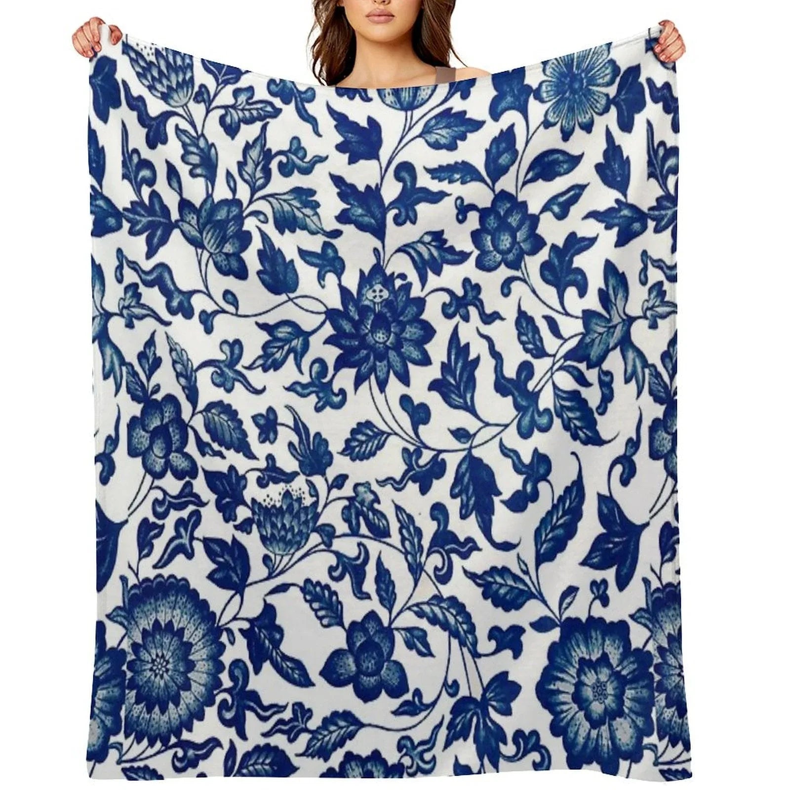 Vintage Blue Floral Pattern  Chinese Ornament By Owen Jones ,Antique,Retro,flower,botanical,aesthetic,classic,china, Throw Blanket