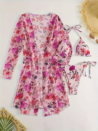 Bikini European Style Floral Print 3 Piece Swimsuit Set for Women – Sexy V Neck Bikini with Cross Strap Detail and Matching Long Sleeve Cover-Up – High Stretch Trendy Swimwear for Summer Beach Vacations Resort Looks and Poolside Fashion