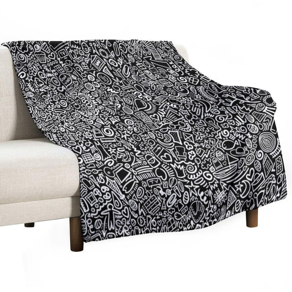 Hidden Images Doodle Art on Black Machine-washable Throw Blanket