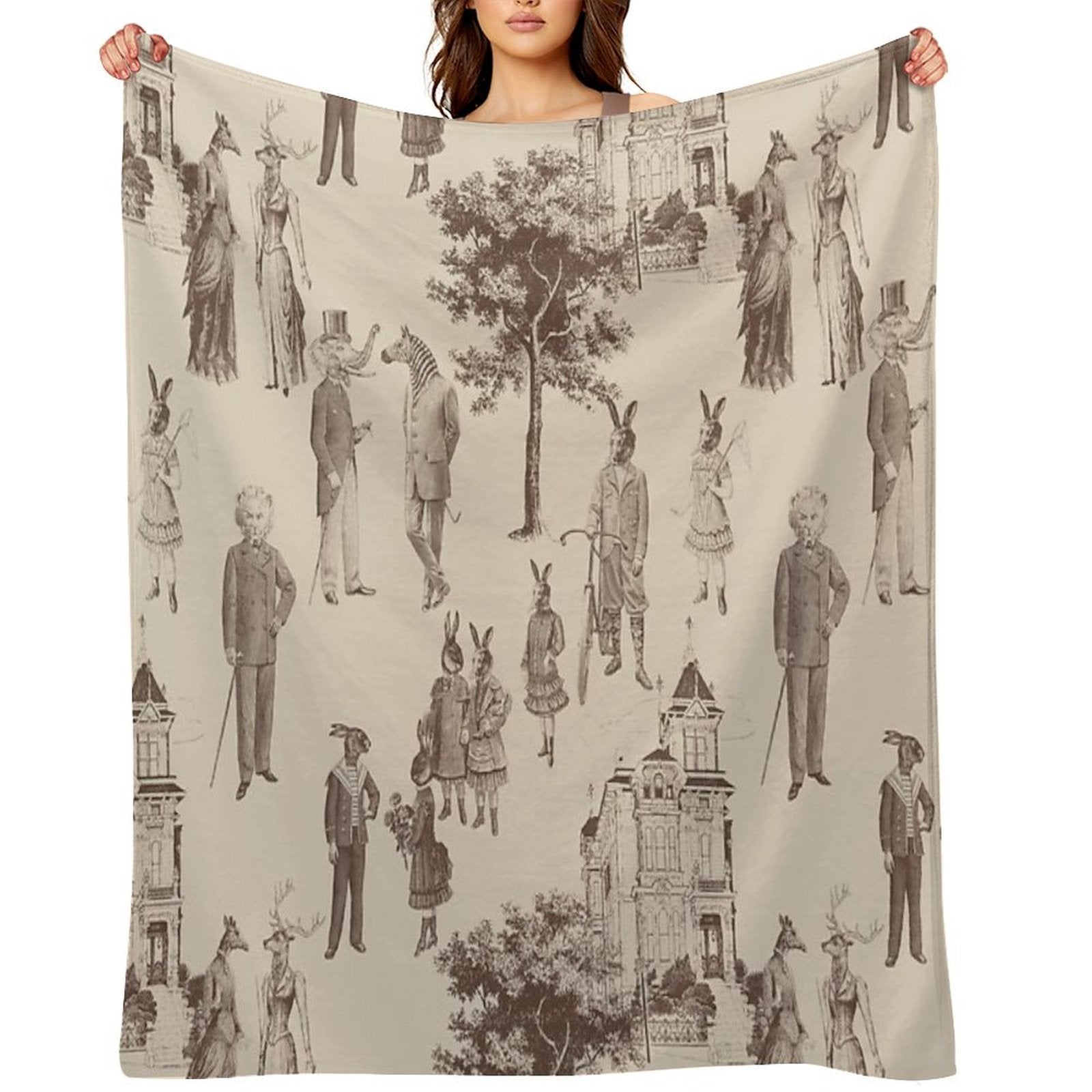 Antique Victorian Animals Brown Beige Toile Anti-pilling Throw Blanket