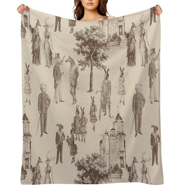 Antique Victorian Animals Brown Beige Toile Anti-pilling Throw Blanket