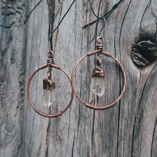 Quartz Earrings - Artisan Copper Hoops | Handmade by Blackbird & Sage