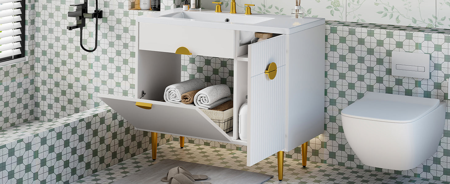 36' Bathroom Vanity with Resin Basin Sink, Modern Bathroom Sink Cabinet, Storage Cabinet with Soft-Closing Door and Drop-Down Door