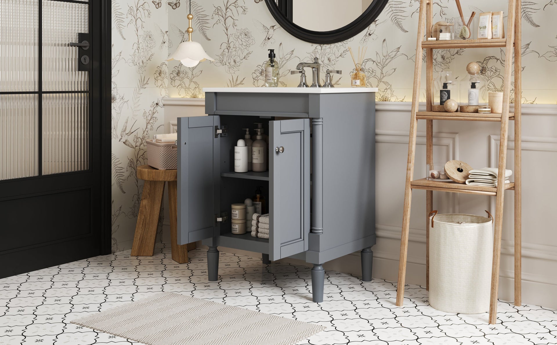 Modern Bathroom Vanity with Top Sink and 2-Tier Large Storage Shelves Cabinet