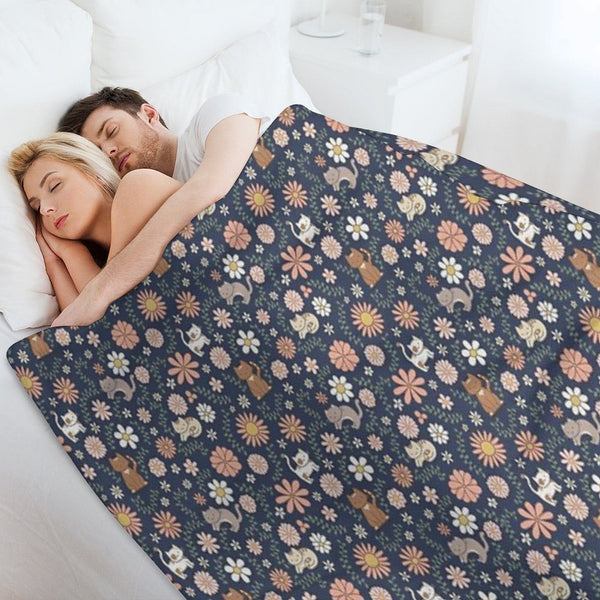 Flower Meower (Navy) Travel-friendly Throw Blanket