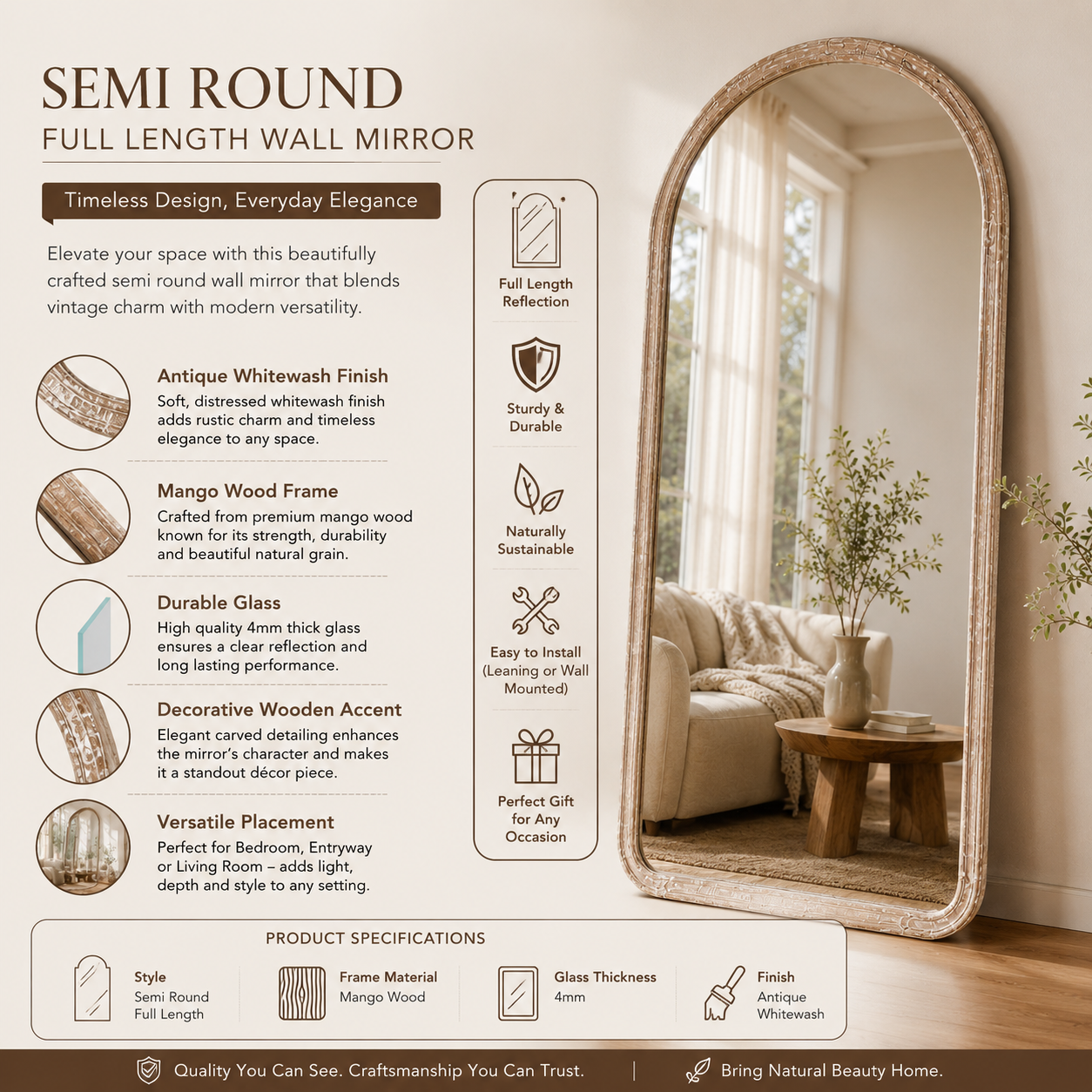 Arched Full Length Wall Mirror with Mango Wood Frame, 36x72
