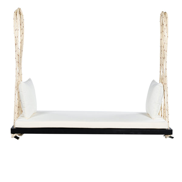 Patio Wooden Swing Chair Hanging Porch Swing Bench with Cushion & Pillows