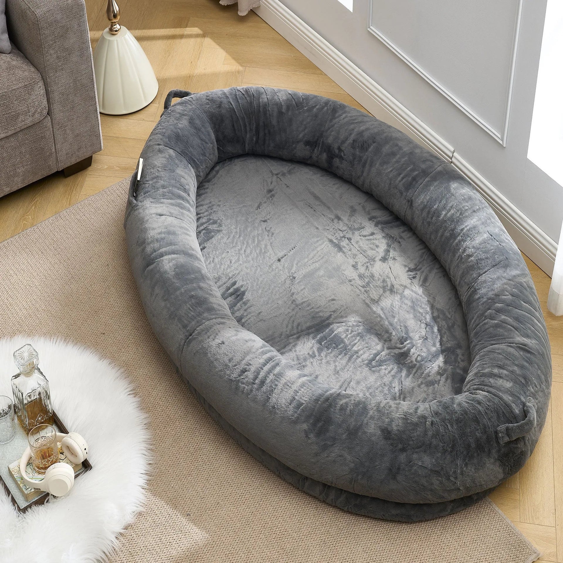 🇫🇷🇪🇪 🇸🇭🇮🇵🇵🇮🇳🇬 Human Dog Bed for Adult, Memory Foam Human Size Pet Bed for Human With Storage Pocket, Dark Gray
