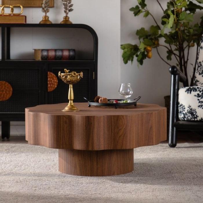 Round Walnut Scalloped Coffee Table
