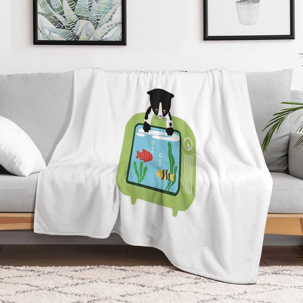 Catflix & Gill Funny Cat And Fish TV Design Premium Throw Blanket