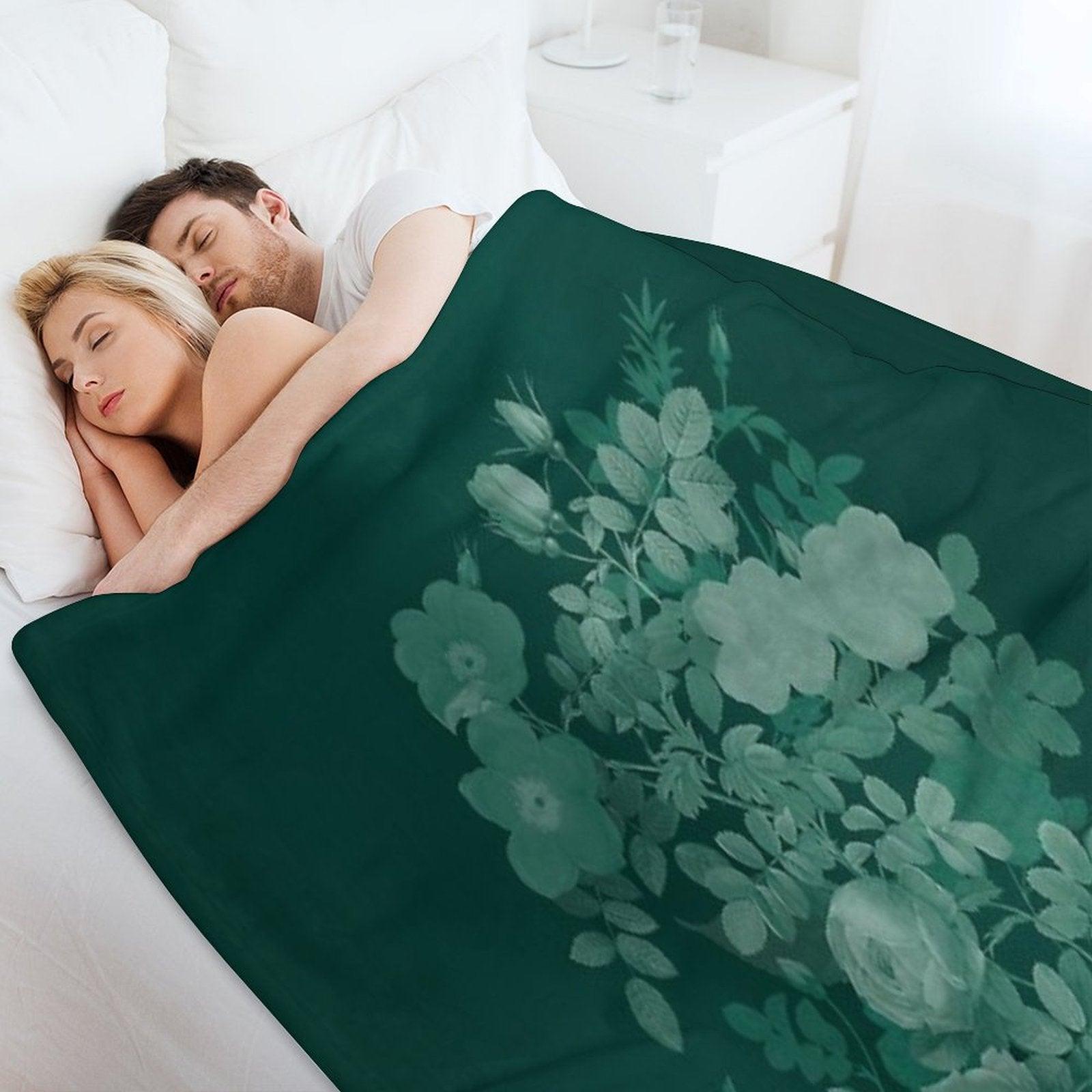 Dark Green Floral Collage, Bottle Green Monochrome Roses Bouquet Throw Blanket