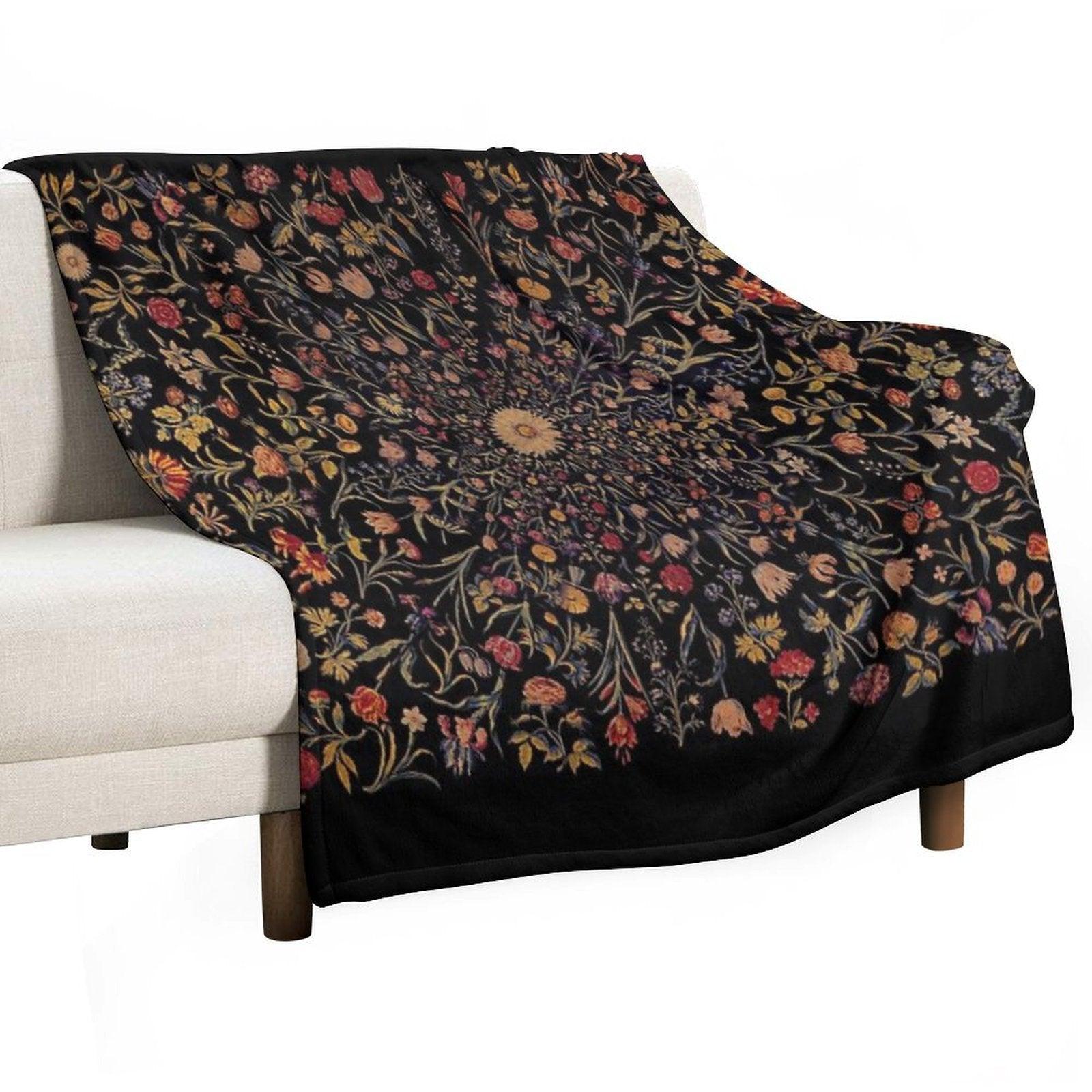 Medieval Flowers on Black Throw Blanket