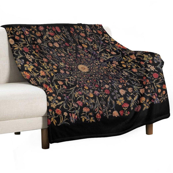 Medieval Flowers on Black Throw Blanket