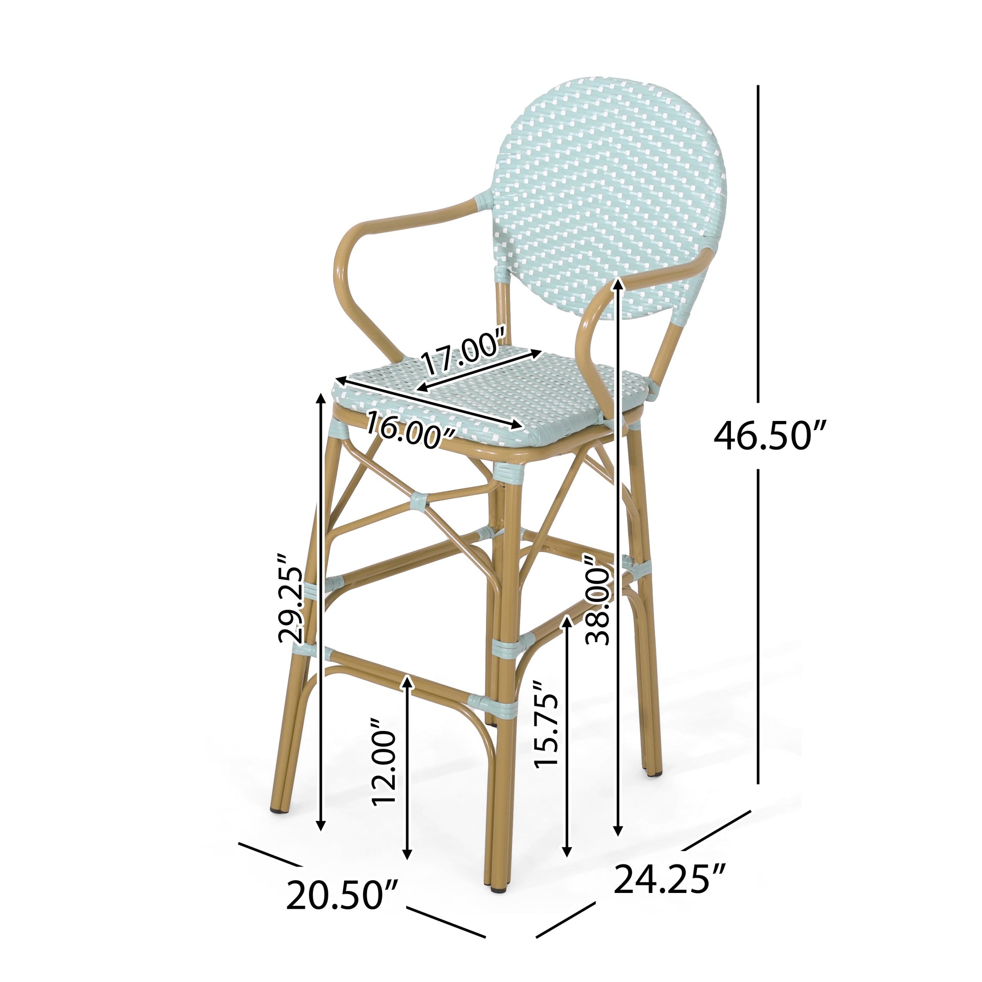 Outdoor Wicker and Aluminum 29.5' French Barstools, Set of 2, Teal, Bamboo Print Finish