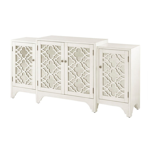 Verona Dining Buffet Server Quaterfoil Design Kitchen Storage Cabinet with Mirrored Doors - cream
