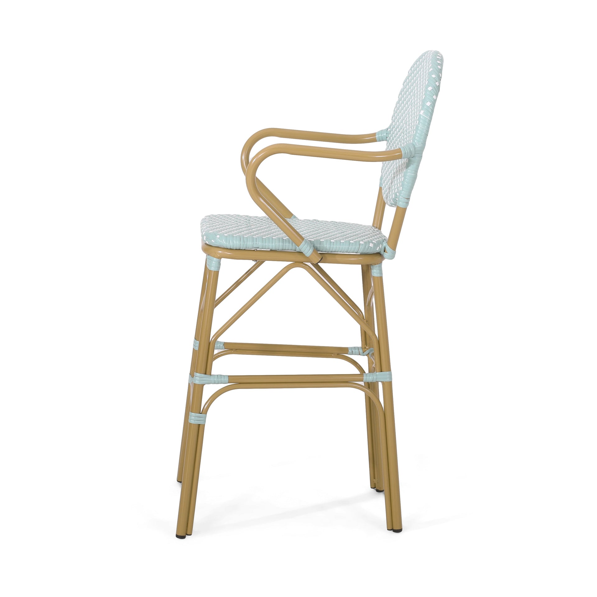 Outdoor Wicker and Aluminum 29.5' French Barstools, Set of 2, Teal, Bamboo Print Finish