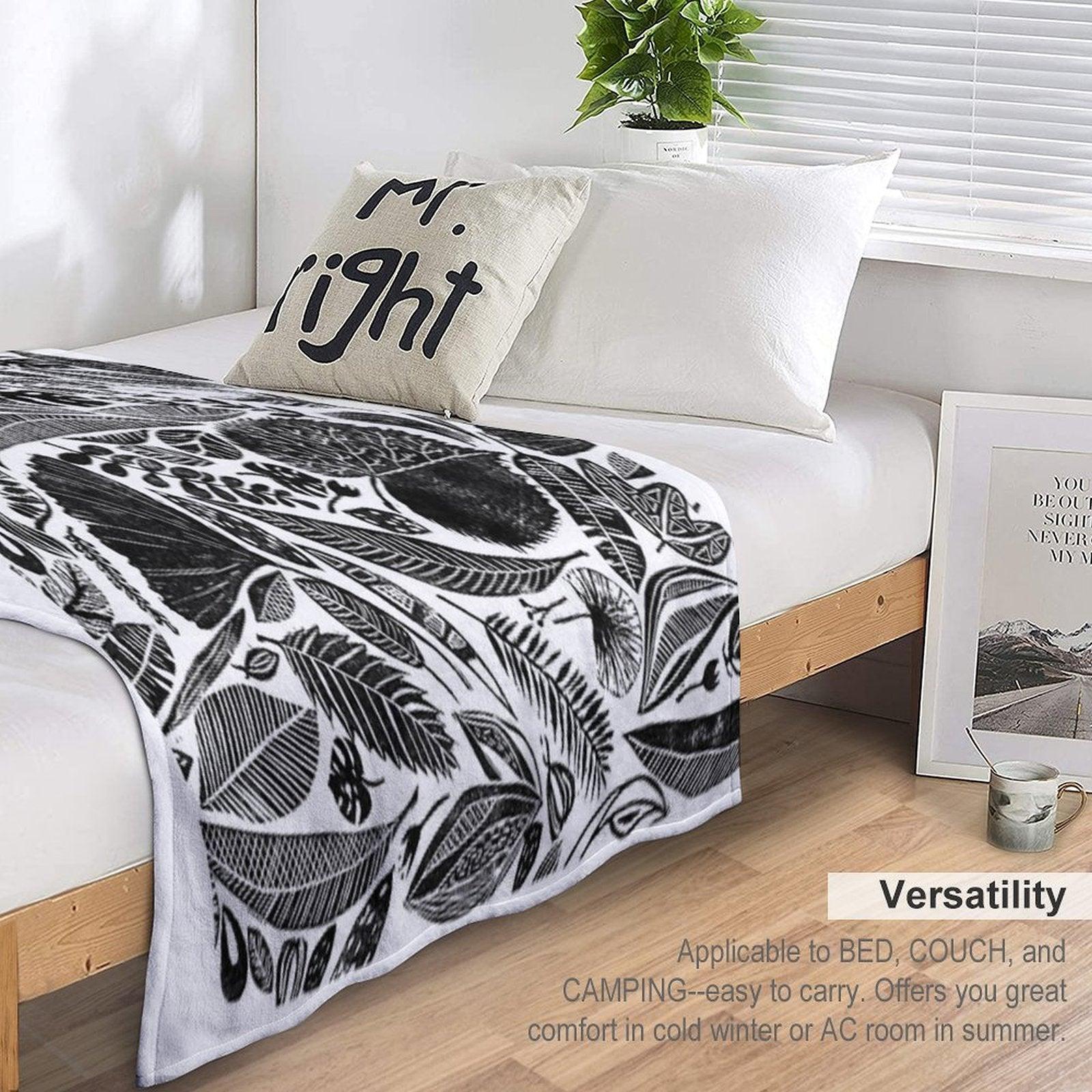Mixed Leaves, Lino Cut Printed Nature Inspired Hand Printed Pattern Throw Blanket