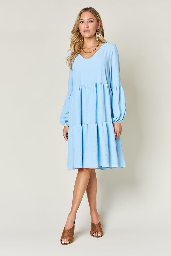 Light Green Double Take Full Size V-Neck Sleeve Tiered Dress with Pockets Elegant & Comfortable Casual Dress