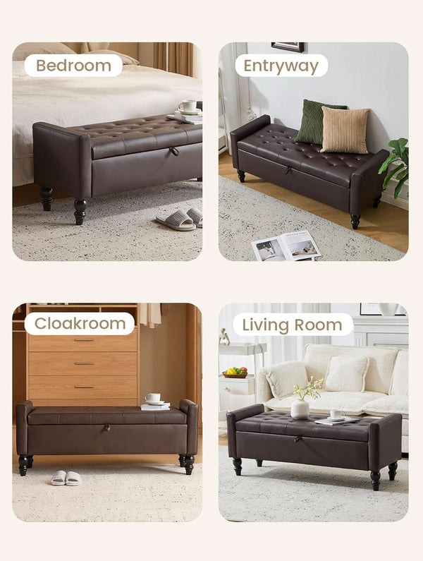 Brown Genuine Leather Storage Ottoman Bench Bedside