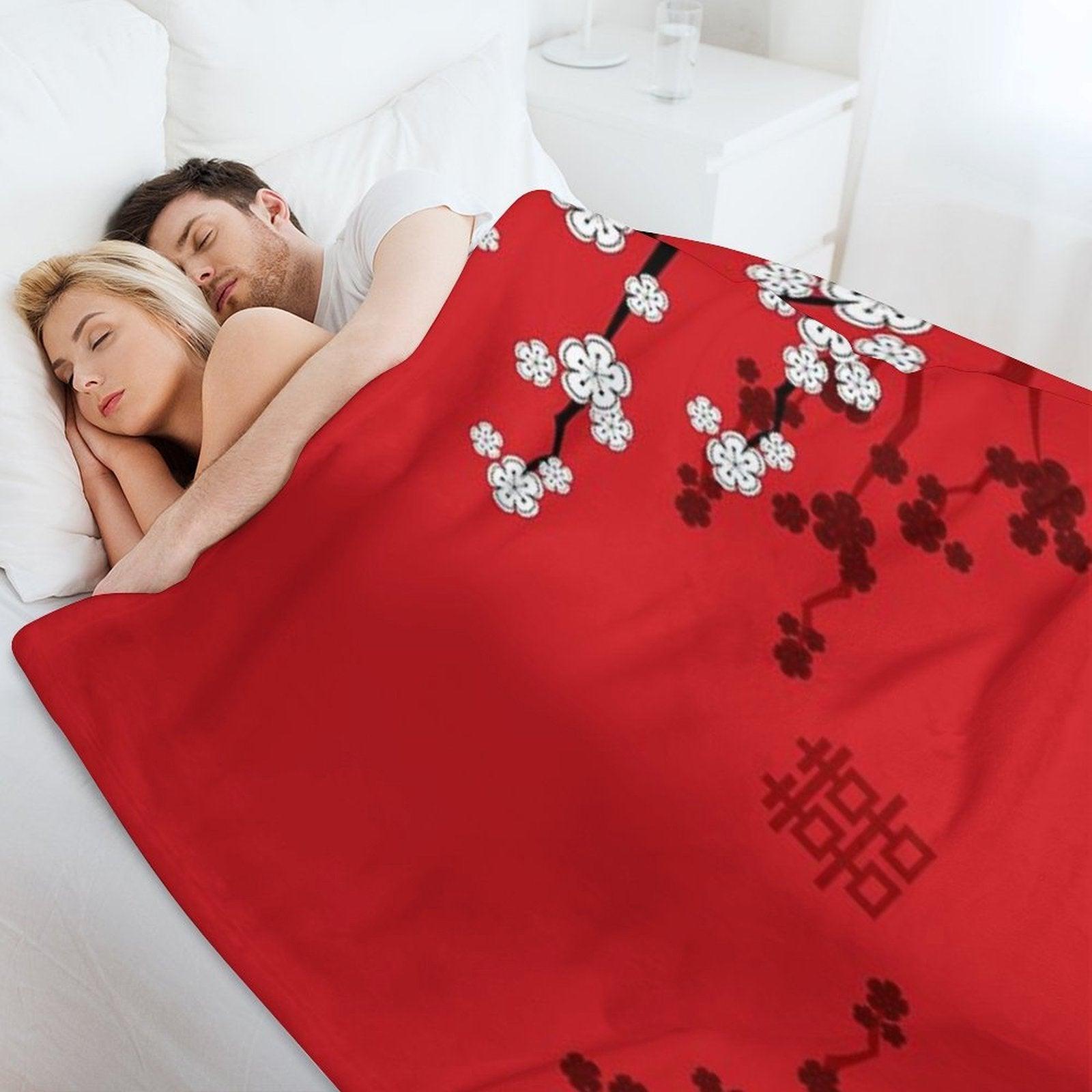 White Oriental Cherry Blossoms on Red And Chinese Wedding Double Happiness  Japanese Sakura © Fatfatin Throw Blanket