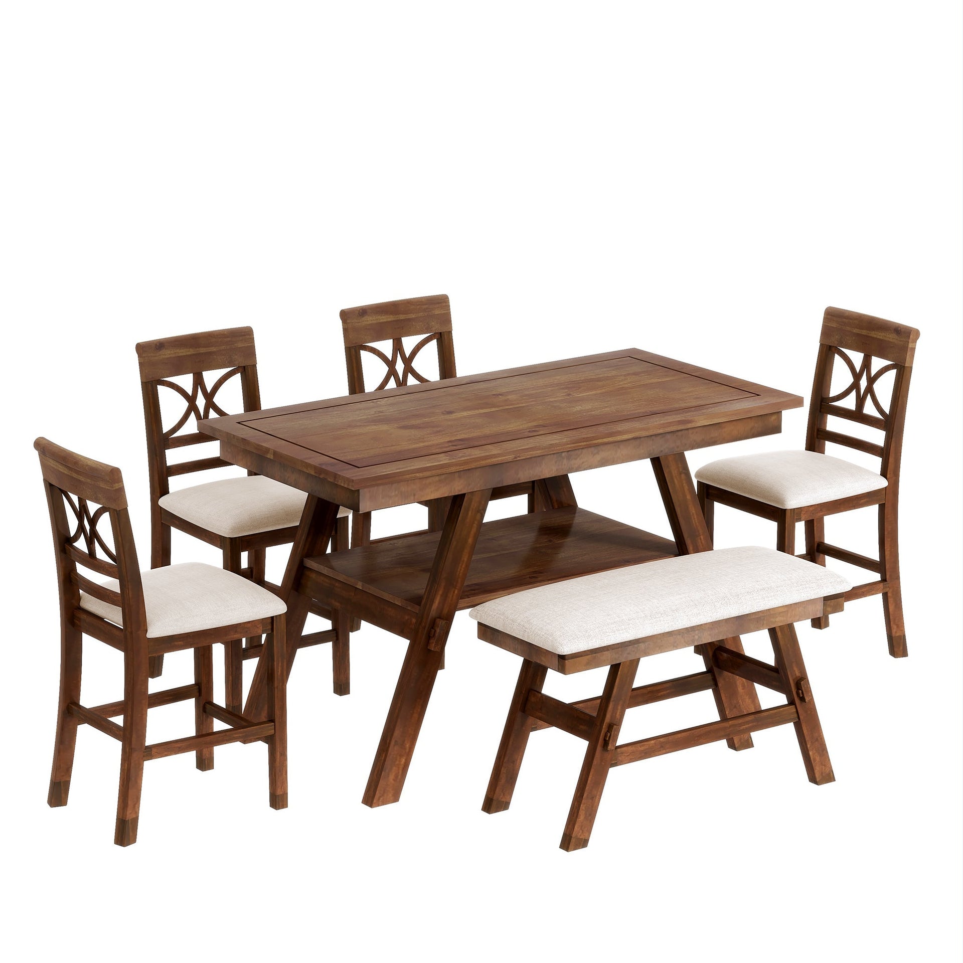 6-Piece Wood Counter Height Dining Table Set with Storage Shelf, Kitchen Table Set with Bench and 4 Chairs,Rustic Style, Walnut+Beige Cushion