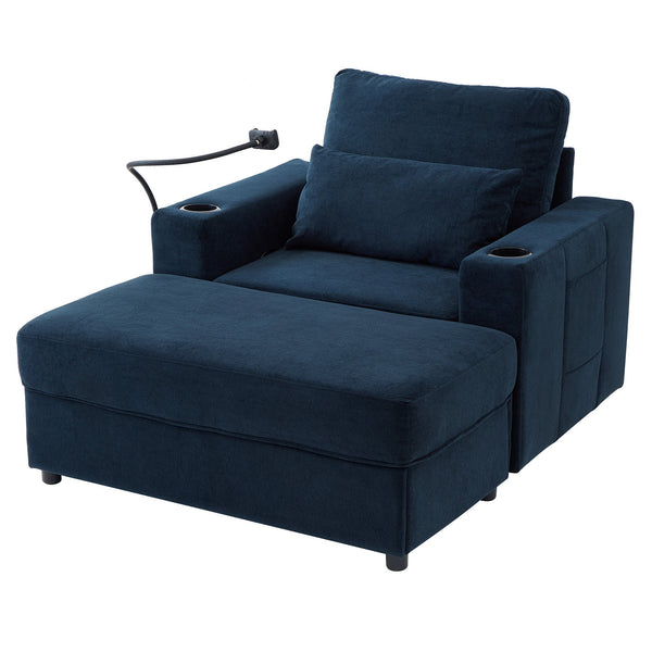 Modern Style Armchair Chaise Lounge  with Movable Storage Ottoman, USB Ports, and Cup Holders