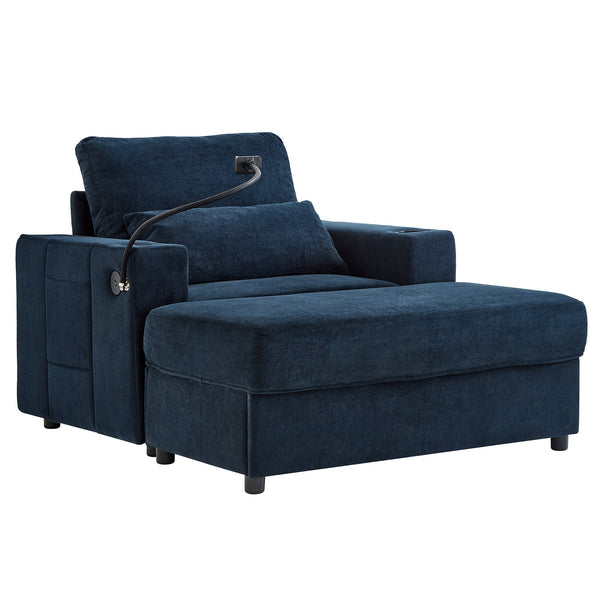 Modern Style Armchair Chaise Lounge  with Movable Storage Ottoman, USB Ports, and Cup Holders