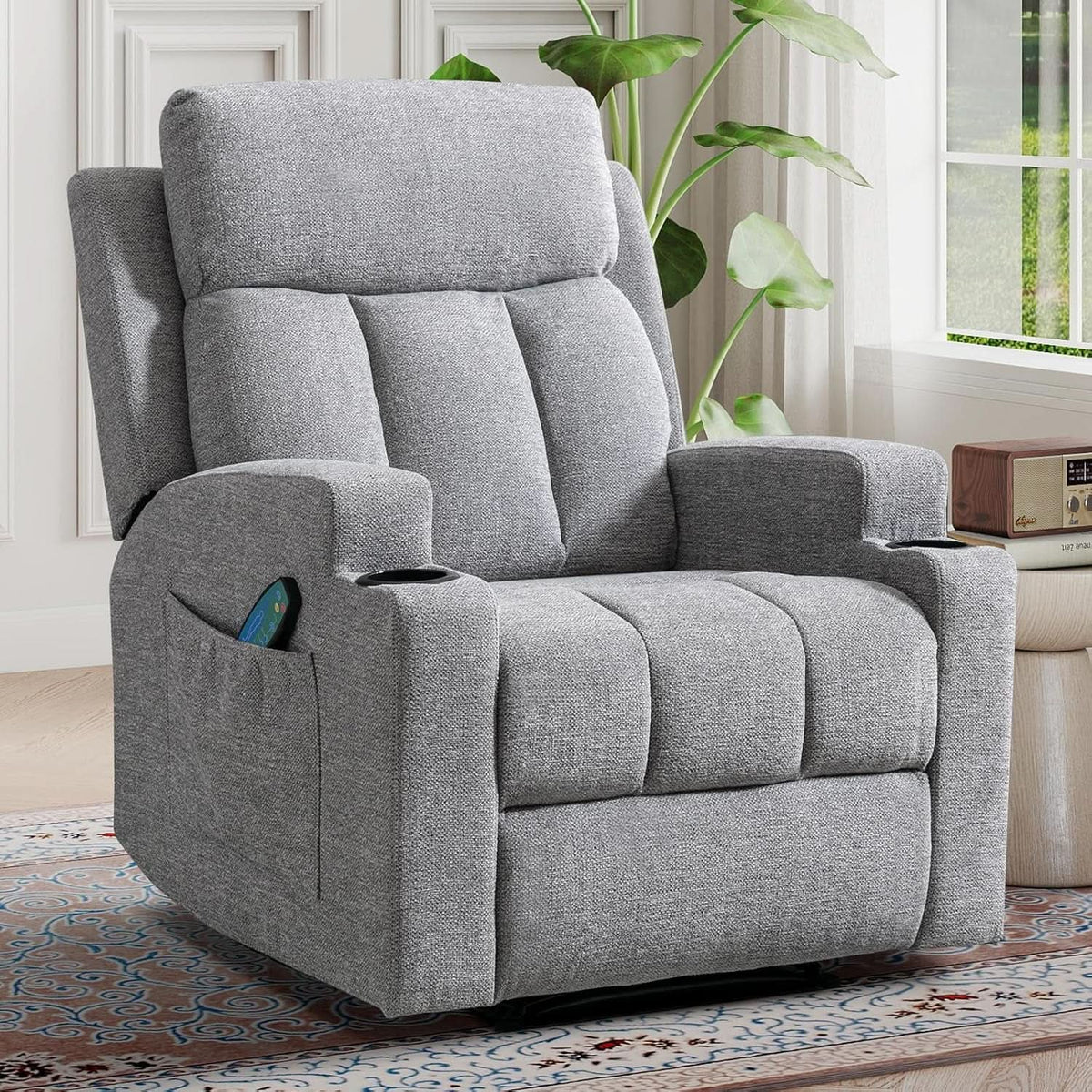 Light Grey Upholstered Manual Recliner With Massage