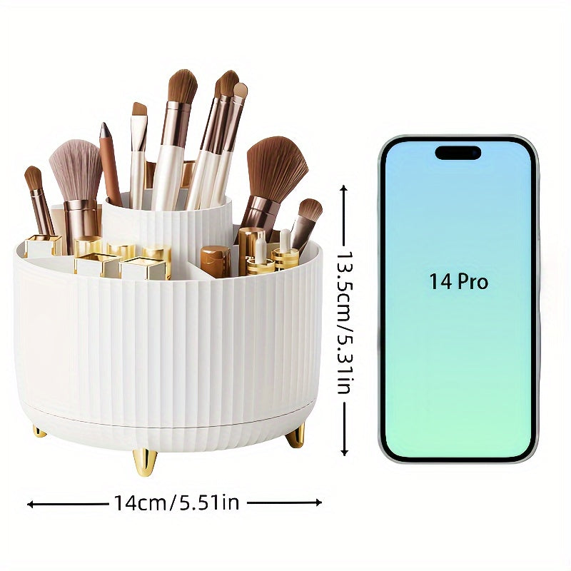 360° Rotating Makeup Organizer - 1pc Plastic Cosmetic Storage with 5 Compartments - Multi-Functional Holder for Brushes, Lipsticks, Skin Care Products, and Stationery - Durable Unscented Desk Caddy with Luxury Stripe Design DSers Fulfillment