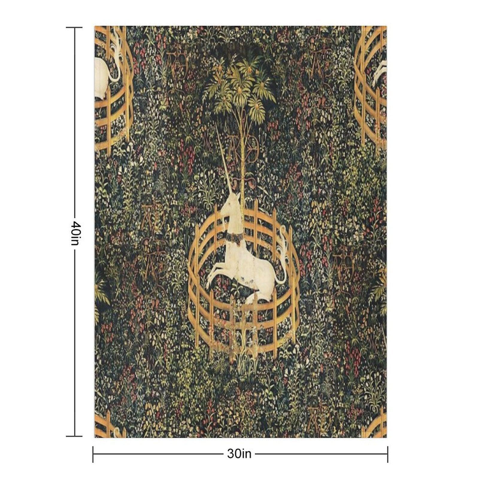 UNICORN IN CAPTIVITY AND GOTHIC FANTASY FLOWERS, GREEN FLORAL MOTIFS Throw Blanket
