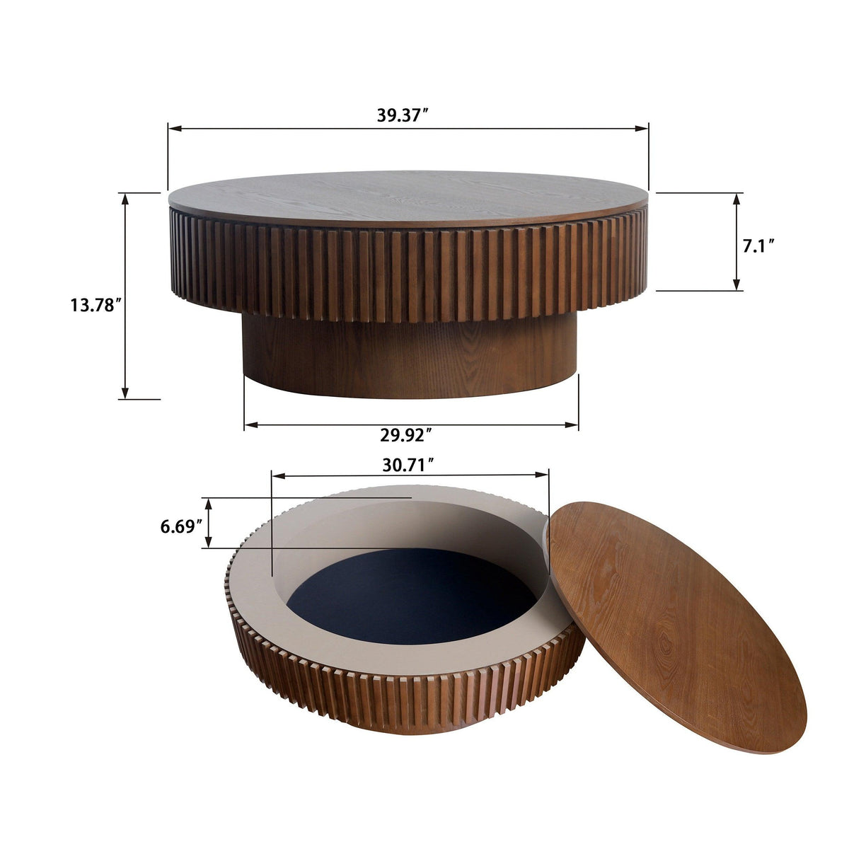 Modern Walnut Round Mushroom Coffee Table with Hidden Storage