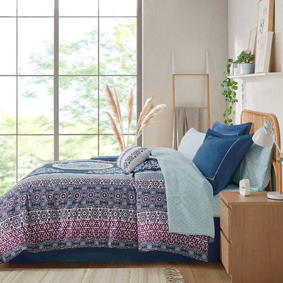 Loretta Boho Comforter Set with Bed Sheets in Navy by Intelligent Design