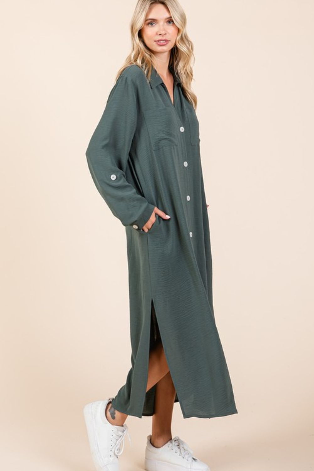 Airflow V-Neck Long Sleeve Button Down Maxi Dress For Women, Casual, Elegant and Versatile Maxi Dress with Button Detail and Slit for Effortless Style