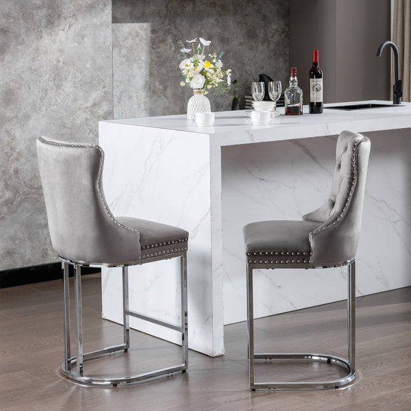 Counter Height Velvet Bar Stools with Button Back & Rivet Trim Upholstered Seats