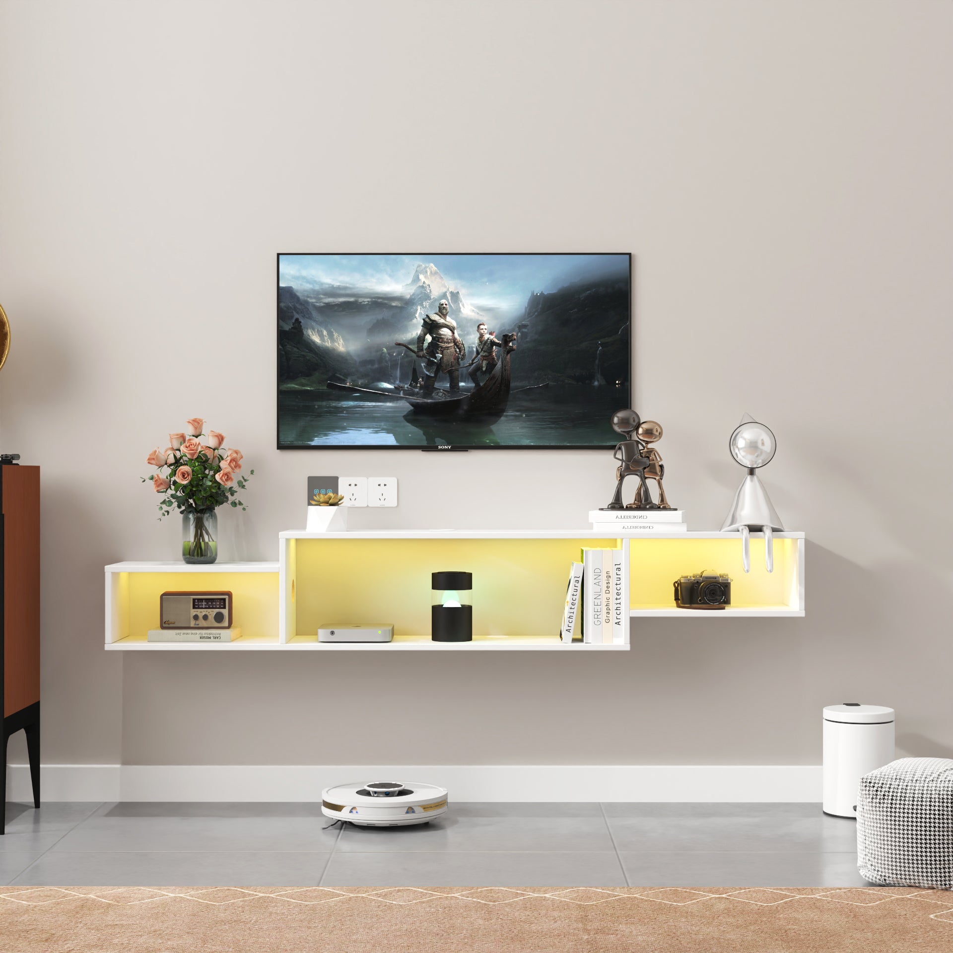 Wall Mounted Floating TV Stand with LEDs and Charging Station for Living Room